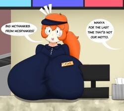 big_breasts breasts_bigger_than_body breasts_bigger_than_head breasts_on_table chick curvy curvy_female cute cute_face cute_girl edgy enormous_breasts fast_food food giant_breasts gigantic_breasts huge_breasts joke massive_breasts name_tag orange_hair round_breasts uniform