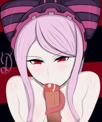 blowjob cum_in_mouth dealore fangs fellatio female male overlord_(maruyama) penis pink_hair red_eyes shalltear_bloodfallen small_breasts vampire