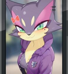 beauty_mark blush cat_ears cat_girl cleavage drunkoak feline female female_focus female_only fur green_eyes jacket long_eyelashes nintendo pokémon_(species) pokemon purrloin red_bow team_plasma