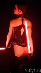 1girls 3d ass ass_focus bare_ass black_lipstick blender breasts brown_hair dark_room electronics female female_only hair_bun human human_only laser light-skinned_female light_skin lightsaber neckwear plain_background pose rear_view red_lightsaber rey science_fiction signature sith sith_rey solo standing star_wars sword tagme the_rise_of_skywalker tied_hair valyrriansfw weapon yellow_eyes