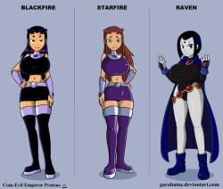 2d 3girls bare_legs belt big_breasts black_eyes black_hair blackfire boots breasts cartoon_network cloak dc dc_comics enormous_breasts garabatoz green_eyes green_sclera grey-skinned_female grey_skin hand_on_hip huge_breasts komand'r koriand'r leotard long_hair looking_at_viewer midriff navel purple_eyes rachel_roth raven_(dc) red_hair seductive_look seductive_smile short_hair skirt smile starfire superheroine tamaranean tan-skinned_female tan_skin teen_titans thigh_boots thighs