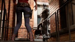 3d belt bottomwear casual claire_redfield dark_skin female firearm handgun horror huge_cock human irreecchi knife legwear male monster mr_x pale_skin penis penis_awe public resident_evil resident_evil_2 resident_evil_2_remake revolver weapon