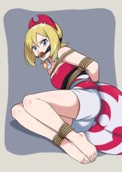 1girls arms_tied_behind_back ball_gag blonde_hair blue_eyes bondage bound breasts collar female female_only femsub gag gagged hair_ornament irida_(pokemon) kimono legs_tied looking_at_viewer lostonezero medium_breasts nintendo poke_ball_gag pokemon pokemon_legends:_arceus rope rope_bondage short_hair shorts white_shorts