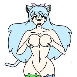 belly_button big_hair blue_fur blue_hair boobs breasts breasts_out breasts_outside ears fur furry green_eyes green_fur komeiwaku_(oc) long_hair nipples nude nude_female oc original_character pink_nipples pink_pussy pussy sketch tail vagina vann944 white_body white_skin