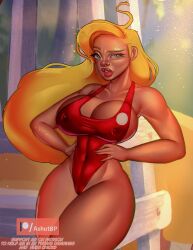 1girls ashu18 big_breasts big_lips bimbo bimbo_lips blonde_hair blue_eyes breasts cleavage erect_nipples female female_only hair hands_on_hips hips huge_breasts lifeguard lifeguard_(lilo_and_stitch) lilo_and_stitch lips long_hair one-piece_swimsuit red_swimsuit solo solo_female swimsuit swimwear thick_lips wide_hips