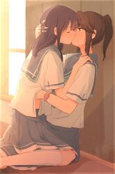 2girls blue_eyes blue_hair breasts brown_hair closed_eyes curtains female female_only hand_on_another's_head hand_on_another's_shoulder hand_under_shirt hibike!_euphonium kasaki_nozomi kissing kitauji_high_school_uniform liz_to_aoi_tori medium_breasts sawara65 school_uniform sitting sweatdrop window wristwatch yoroizuka_mizore yuri