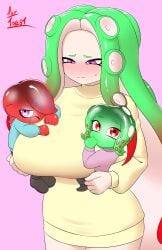 1boy 2girls big_breasts blush colored commission hi_res holding_babies large_breasts long_hair nervous_smile nintendo nobunagapero octoling octoling_boy octoling_girl original_character original_characters peronattu perotako_chan_(nobunagapero) proud_parent smile splatoon suction_cup sweat tentacle_hair thick_thighs wholesome