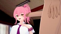 16:9 1boy 1boy1girl 1girls blush classroom clothed_female female idolmaster indoors jougasaki_mika light-skinned light-skinned_female light_skin looking_at_penis looking_pleasured male open_eyes open_mouth penis penis_tip pink_hair ponytail yellow_eyes