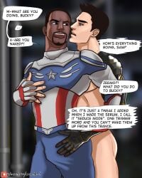 2boys adams_apple american american_flag beard best_friends big_chin blue_eyes bucky_barnes bulge bulge_through_clothing captain_america censored_penis clever_censor clothed clothed_male_nude_male creedo cyborg dark-skinned_male dark_skin dialogue disney+ gay human hypnosis interracial light-skinned_male light_skin male male_only marvel marvel_cinematic_universe naked naked_male robotic_arm rubbing_bulge rubbing_penis sam_wilson seduction semi-erect short_hair shouting soldier speech_bubble stars_and_stripes the_falcon_and_the_winter_soldier touching whispering winter_soldier yaoi