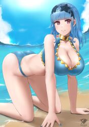 1girls absurdres all_fours alternate_costume alternate_hairstyle ass bad_proportions beach bikini blue_bikini blue_hair blue_nails blue_sky blue_swimsuit breasts brown_eyes cleavage cloud day female fire_emblem fire_emblem:_three_houses fire_emblem_heroes fire_emblem_warriors:_three_hopes gold_trim gorget grin hairband hi_res highres kaos_art kneeling large_ass large_breasts light-skinned_female light_blue_hair light_skin long_hair marianne_von_edmund marianne_von_edmund_(summer) nail_polish nintendo ocean official_alternate_costume official_alternate_hairstyle outdoors pink_eyes purple_eyes sky smile solo swimsuit thighs water wavy_hair