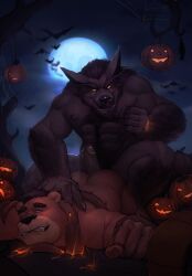 2018 abs absurd_res anthro arm_hair ass biceps body_hair bondage bondage bound canid canine chest_hair chiropteran deltoids duo erection fist food forearm_hair forearms fruit genitals glowing glowing_eyes hairy halloween happy_trail hi_res highpups holidays imminent_anal jack-o'-lantern leg_hair licking licking_lips lying male male/male mammal moon muscular nipples on_front one_eye_closed pecs penis pinned plant pumpkin tongue tongue_out triceps ursid vein veiny_penis vine_bondage were werecanid werecanine werewolf yellow_eyes