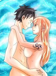 1boy 1boy1girl 1girls abstract_background arms_around_neck black_hair breast_press breast_squish breasts completely_nude couple curvy curvy_female embrace female hug long_hair looking_at_each_other looking_at_partner male monkey_d_luffy muscular muscular_male nami nude one_piece orange_hair post-timeskip ribs romantic saceureka short_hair shoulder_tattoo tattoo wholesome