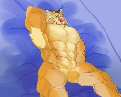 2020s 2023 anthro armpit_hair balls barazoku bobcat body_hair brok_the_investigator censored dr._hush felid feline genitals gomikuz539s hi_res kemono lying lynx male mammal muscular muscular_male penis solo