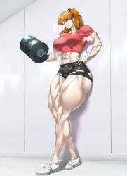 1girls 702_96 abs absurd_res asuka_langley_sohryu athletic big_breasts buff crop_top curvy dumbbell female female_only fit_female fully_clothed grin hand_on_hip hi_res highres looking_at_viewer muscular_arms muscular_female muscular_legs muscular_thighs neon_genesis_evangelion ripped_clothing ripped_shorts smirk snu-snu solo solo_female standing steam steaming_body sweat thick_thighs voluptuous