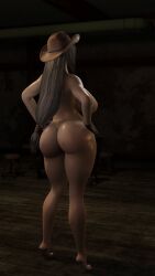 1girls 3d areolae bare_shoulders black_gloves brick_render cowboy_hat cowgirl cowgirl_hat cowgirl_outfit crisis_core_final_fantasy_vii curvaceous curves curvy erect_nipples female final_fantasy final_fantasy_vii from_behind hat highres huge_breasts human indoors large_breasts nude solo_female square_enix tifa_lockhart wooden_floor