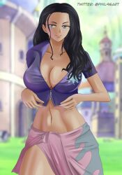 background black_hair blue_eyes female female_only large_breasts long_hair nico_robin one_piece phil96art post-timeskip purple_shirt sabaody_archipelago white_skin