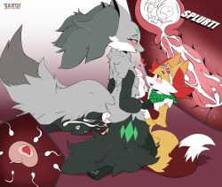 absurd_res animal_genitalia animal_penis anthro ass black_body black_fur black_tipped_ears bodily_fluids braixen breast_play breasts canine_penis cum cum_inside cumshot delphox duo ejaculation female flare_the_delphox fur generation_6_pokemon genital_fluids genitals green_eyes green_markings grey_body grey_fur heart hi_res impregnation internal knot knotting male male/female markings miro_the_braixen nintendo penis pleased_expression pokémon_(species) pokemon pokemon_(species) red_eyes sarox video_games white_body white_fur white_tipped_tail yellow_body yellow_fur