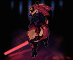 1boy ass big_ass bubble_butt chubby chubby_male clothing femboy gungan half-closed_eyes heels huge_ass hyper hyper_ass jar_jar_binks lightsaber lipstick looking_at_viewer looking_back male male_only sith solo star_wars submarine_screw sweat thick_thighs thighhighs weapon wide_hips