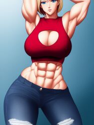 1girls abs ai_generated armpits arms_up bare_arms bare_midriff bare_shoulders biceps blue_mary cleavage cleavage_cutout crop_top huge_breasts jeans king_of_fighters large_breasts looking_at_viewer midriff muscle muscles muscular muscular_arms muscular_female red_tank_top snk stable_diffusion tank_top thick_thighs voluptuous voluptuous_female wide_hips