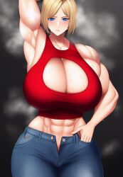 1girls abs ai_generated armpits arms_up biceps blonde_hair blue_eyes blue_mary blush cleavage cleavage_cutout crop_top gigantic_breasts hand_in_pocket huge_breasts jeans king_of_fighters large_breasts looking_at_viewer massive_breasts midriff muscle muscles muscular muscular_arms muscular_female one_arm_up red_tank_top short_hair snk stable_diffusion steam steaming_body sweat tagme tank_top unzipped_pants voluptuous voluptuous_female wide_hips