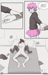 2boys anal anal_sex bandage bed bedroom black_hair black_hoodie blush comic comic_page crossdressing cute_male dialogue dross erection erection_under_skirt femboy gay grabbing_hand grey_hoodie holding_partner hood_down hoodie inviting_to_sex jacob_(dross) light-skinned_male light_skin male male/male male_only male_with_painted_nails missionary_position monochrome mostly_nude nude original painted_nails pink_hair sex skater_boi_(dross) skirt taylor_(dross) text text_bubble thighhighs thighs twink yaoi