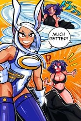 2girls blush cleavage_cutout embarrassed female female_only kaina_tsutsumi lady_nagant large_breasts lingerie miruko my_hero_academia open_mouth panties purple_hair rabbit_ears rabbit_humanoid rumi_usagiyama sonchapo speech_bubble superheroine thighs tornado underwear white_hair yuri