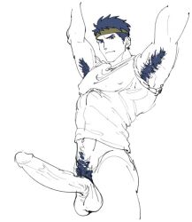 armpit_hair armpits arms_up balls big_balls big_penis boner erection fire_emblem fire_emblem:_path_of_radiance fire_emblem:_radiant_dawn headband huge_cock ike_(fire_emblem) male male_only monochrome muscles nioseptem pantsless penis solo solo_male tank_top