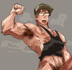 07th_expansion armpit_hair balls big_balls big_penis boner erection flexing glasses higurashi_no_naku_koro_ni male male_only muscles musk nioseptem partially_visible_penis penis solo solo_male sweaty tank_top tomitake_jirou tongue_out