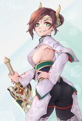 1girls alexandria_(xenoblade) armpits ass asymmetrical_bangs bangs big_ass black_bodysuit black_legwear bodysuit braid breasts brown_hair bubble_butt cleavage eondriver female female_only french_braid green_eyes hair_bun hand_on_hip holding_weapon kimono legwear long_hair looking_at_viewer medium_breasts nintendo sideboob smile thick_thighs thigh_boots thighhighs thighs weapon xenoblade_(series) xenoblade_chronicles_3