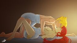 1boy1girl abdl blonde_hair blue_eyes boy_on_top diaper diaper_fetish diaper_only diapered_lovers green_eyes jaune_arc looking_at_partner looking_down looking_up loving_gaze oatmeal post_sex pyrrha_nikos red_hair rwby sketchmandl wet_diaper