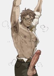 armpit_hair armpits arms_up balls big_balls big_penis boner chest_hair erection glasses granblue_fantasy isaac_(granblue) male male_only muscles musk nioseptem penis penis_out penis_through_fly proud_of_his_cock solo solo_male sweaty undressing