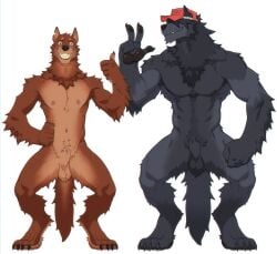 2022 animal_genitalia anthro balls beefy biped black_balls black_body black_fur black_pawpads blue_eyes bonfiredemon brown_body brown_fur canid canine claws clothing daddy digital_media_(artwork) duo fully_sheathed fur genitals gesture grey_body grey_fur grey_sheath hair hair_over_eyes hand_on_hip hat hat_only headgear headgear_only headwear headwear_only hi_res male male_only mammal manly mostly_nude multicolored_body multicolored_fur nipples pawpads paws sheath simple_background smile smiling_at_viewer standing tan_balls tan_body tan_fur tan_sheath teeth thumbs_up toe_claws two_tone_body two_tone_fur v_sign were werecanid werecanine werewolf white_background