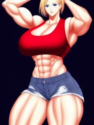 1girls abs ai_generated armpits arms_up bare_arms bare_legs bare_midriff bare_shoulders bare_thighs biceps blonde_hair blue_eyes blue_mary cleavage crop_top denim_shorts huge_breasts king_of_fighters large_breasts looking_at_viewer midriff muscle muscles muscular muscular_arms muscular_female muscular_legs muscular_thighs red_tank_top short_hair short_shorts shorts snk stable_diffusion tank_top thick_thighs voluptuous voluptuous_female wide_hips