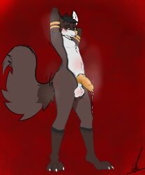 absurd_res anthro arm_markings balls bedroom_eyes blush bodily_fluids brown_body brown_fur canid canine canis dripping erection erusiek fur genital_fluids genitals hands_behind_head hi_res knot leaking_precum leg_markings looking_at_viewer male mammal markings musk musk_clouds narrowed_eyes precum precum_drip precum_string seductive smile smiling_at_viewer solo white_body white_fur wolf wolfram_winter yellow_eyes