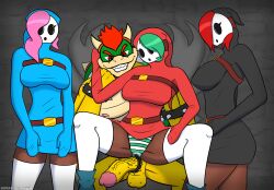 1boy 3girls alternate_version_available anthro balls before_sex big_penis bowser breasts clothed clothed_female clothing cock_ring dark-skinned_female dark_skin fanart female foursome green_hair hair_over_one_eye hoodie horns interspecies light-skinned_female light_skin male mario_(series) mask masked masked_female nintendo no_sex nude_male panties penis pink_hair red_hair self_upload shy_gal shy_gal_black shy_gal_blue shy_gal_red sitting sitting_on_lap sitting_on_person skirt smile stockings supermilkman underwear