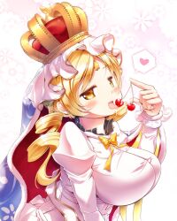 absurdres big_breasts blonde_hair breasts chauke cherry crown drill_hair female female_only food fruit heart highres holding holding_food holding_fruit holy_mami human human_only juliet_sleeves large_breasts licking long_sleeves magia_record:_mahou_shoujo_madoka_magica_gaiden magical_girl mahou_shoujo_madoka_magica mami_tomoe open_mouth puella_magi_madoka_magica puffy_sleeves ribbon solo solo_female speech_bubble spoken_heart tomoe_mami tongue tongue_out twin_drills upper_body yellow_eyes yellow_ribbon young