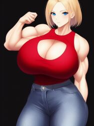 1girls ai_generated bare_arms bare_shoulders blonde_hair blue_eyes blue_mary cleavage cleavage_cutout flexing_bicep huge_breasts jeans king_of_fighters large_breasts looking_at_viewer muscle muscles muscular muscular_arms muscular_female red_tank_top short_hair snk stable_diffusion tank_top voluptuous voluptuous_female wide_hips