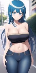 ai_generated big_breasts blue_hair danganronpa danganronpa:_trigger_happy_havoc hair hands_on_thighs jeans long maizono_sayaka midriff n.c.b_ai nai_diffusion smile stable_diffusion strapless tubetop