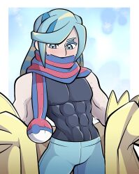 1boy abs abs_visible_through_clothing blue_eyes blue_hair blush femboy grusha_(pokemon) kermittend male male_only muscular_abs muscular_arms muscular_femboy muscular_male pokemon pokemon_sv scarf solo solo_femboy solo_male tagme tight_clothing