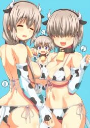 3girls age_difference animal_ears arm_up ass ass_cleavage back bare_shoulders bikini blue_background blue_eyes blush breasts butt_crack cleavage closed_eyes collar collarbone cow_ears cow_girl cow_horns cow_print cow_tail cowbell daughters elbow_gloves family gloves groin hagiya_masakage hair_over_eyes highres horns large_breasts long_hair mature_female mother mother_and_daughter multiple_girls navel short_hair siblings side_ponytail sideboob simple_background sisters smile stomach swimsuit tail thighs uzaki-chan_wa_asobitai! uzaki_hana uzaki_tsuki uzaki_yanagi