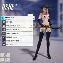 1girls 3d alternate_costume ashe_(overwatch) black_panties blacked blacked_clothing breasts cameltoe choker cowboy_hat cross_pasties currysfm ear_piercing english_text female female_only gameplay_mechanics gun hat heels high_heels latex light-skinned_female light_skin medium_breasts navel nipple_bulge overwatch panties pasties red_eyes rifle solo text thighhighs weapon white_hair