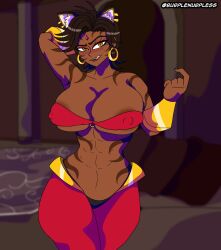 abs amber_eyes beckoning bedroom_eyes black_hair burplenurpless crossover dark-skinned_female faunus licking_lips nipples_visible_through_clothing outfit_swap rwby seductive_smile shantae shantae_(cosplay) sienna_khan smooth_skin tiger_ears tiger_stripes