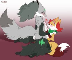 absurd_res anthro anthro_on_anthro ass black_body black_fur black_tipped_ears braixen breast_play breasts delphox duo female flare_the_delphox fur generation_6_pokemon green_eyes green_markings grey_body grey_fur heart hi_res male male/female markings miro_the_braixen nintendo pleased_expression pokémon_(species) pokemon pokemon_(species) red_eyes sarox video_games white_body white_fur white_tipped_tail yellow_body yellow_fur