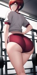 ai_generated angry ass buruma danganronpa danganronpa_2:_goodbye_despair gym gym_uniform hand_on_hip huge_ass koizumi_mahiru looking_at_viewer looking_back midriff n.c.b_ai nai_diffusion red_hair short_hair stable_diffusion super_danganronpa_2 tight_clothing weights