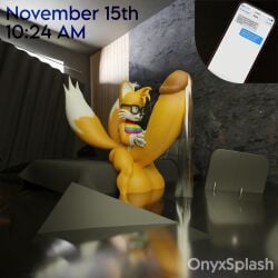 3d 3d_(artwork) balls cum_flood excessive_precum gay glasses hyper hyper_balls hyper_cum hyper_penis hyper_precum no_nut_november onyxsplash penis phone precum precum_drip precum_flooding precum_on_ground precum_string sonic_(series) tails texting