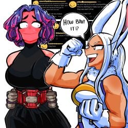 2girls breast_squish dark-skinned_female dark_skin embarrassed female female_only flustered fully_clothed gloves huge_breasts kaina_tsutsumi lady_nagant large_breasts miruko my_hero_academia open_mouth purple_hair red_eyes rumi_usagiyama sonchapo speech_bubble superheroine white_hair yuri