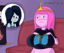 2girls adventure_time big_breasts blushing canon_couple crown drakewd female grey_skin marceline multiple_girls nosebleed pink_skin presenting presenting_breasts princess_bubblegum shirt speech_bubble text vampire yuri