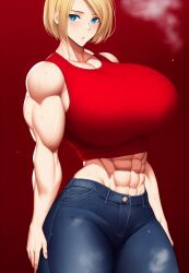 1girls abs ai_generated bare_arms bare_midriff bare_shoulders biceps blonde_hair blue_eyes blue_mary blush crop_top gigantic_breasts huge_breasts jeans king_of_fighters large_breasts looking_at_viewer massive_breasts midriff muscle muscles muscular muscular_arms muscular_female red_tank_top short_hair snk stable_diffusion steam steaming_body sweat tagme tank_top thick_thighs voluptuous voluptuous_female wide_hips