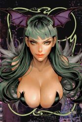 1girls bangs bare_shoulders big_breasts black_background black_leotard blunt_bangs breasts busty cleavage clothing darkstalkers demon_girl demon_wings feather_trim female female_only green_eyes grey_hair head_wings highres large_breasts leotard long_hair looking_at_viewer mole mole_under_mouth morrigan_aensland solo sozomaika strapless strapless_leotard succubus succubus_costume upper_body wings