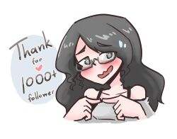 april_(juztplay) exposed_shoulders first_sfw_of_character follower_celebration glasses heart juztplay milestone_celebration nervous nervous_smile safe_for_work sfw shoulders touching_fingers